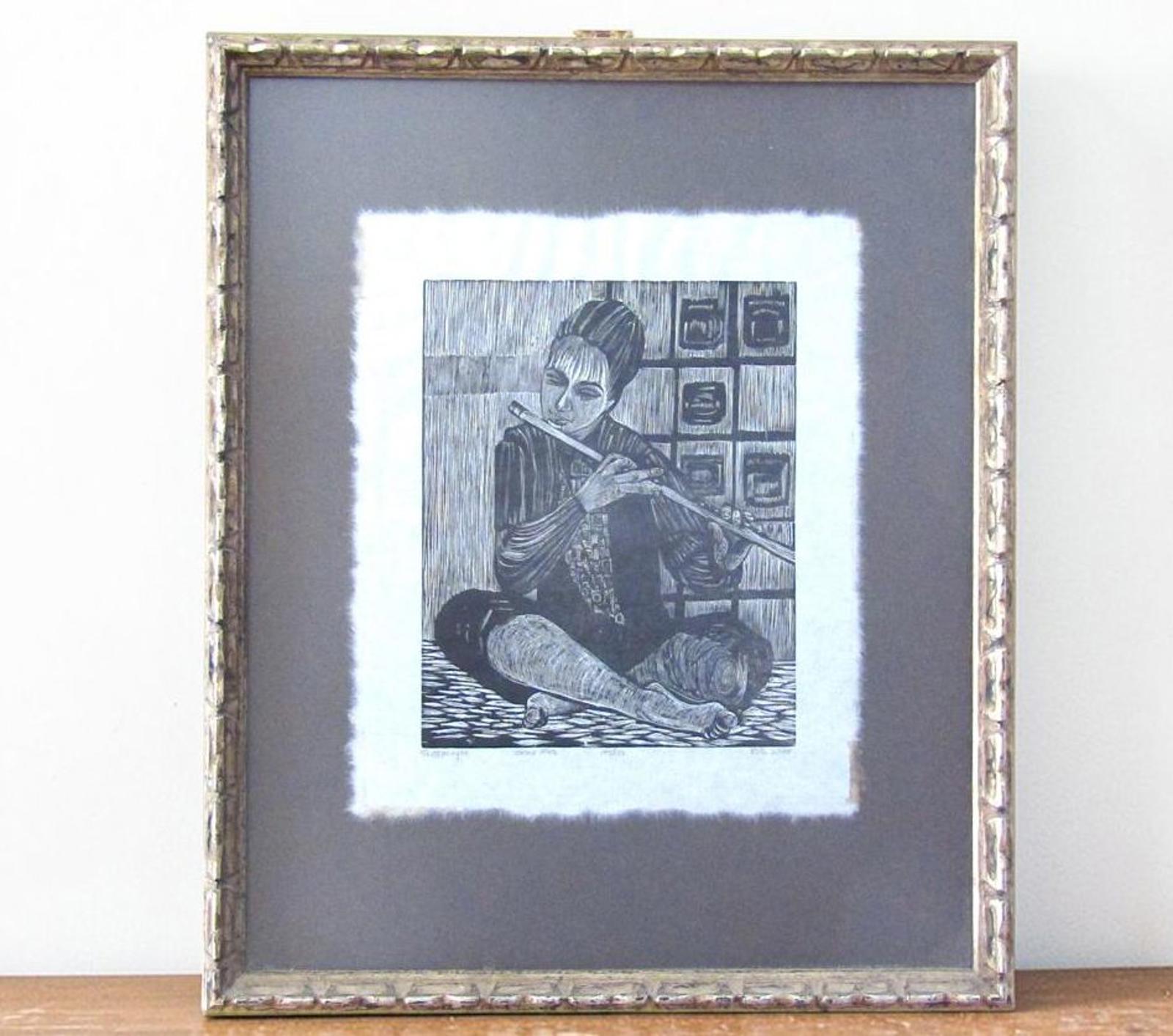 Ruth Leaf "Flute Player" Signed Woodcut Print 2nd State 145/150 Mid Century Art