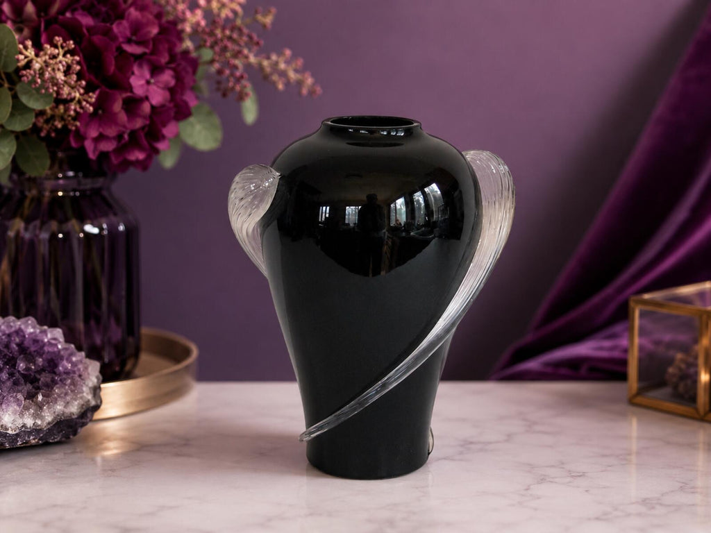 1930s Art Deco Black Amethyst Glass Handled Urn Vase Clear Applied Handles 8"