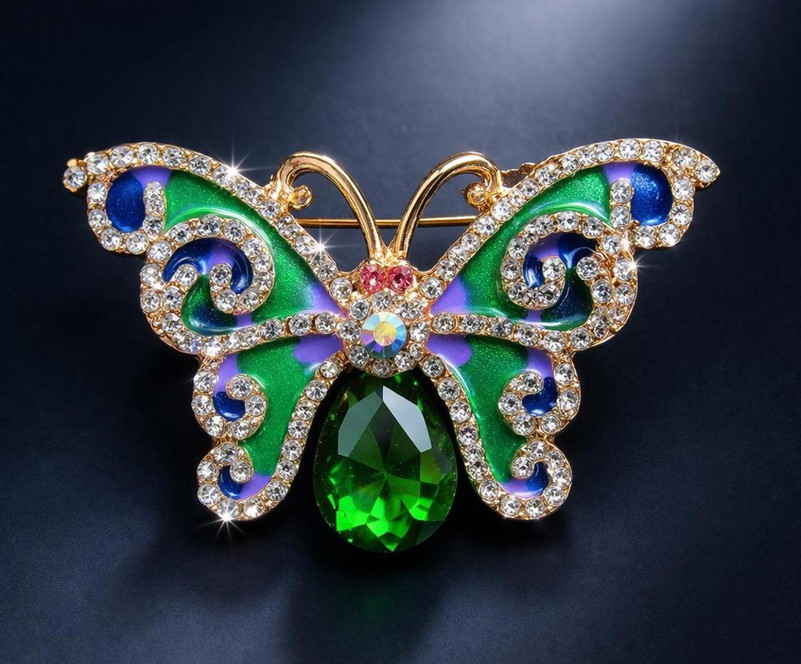 Vintage Butterfly Brooch Rhinestone Enamel Green Gold Tone Pin