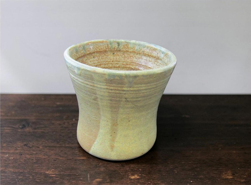Handmade Studio Art Pottery Planter Rustic Sage Green Tan Signed 4 7/8" Wide