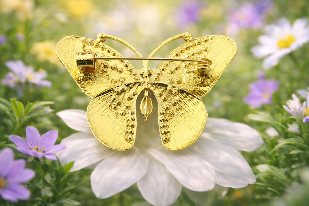 Colorful Butterfly Brooch Clear Pink Rhinestones Enamel Gold Tone Pin FREE SHIP