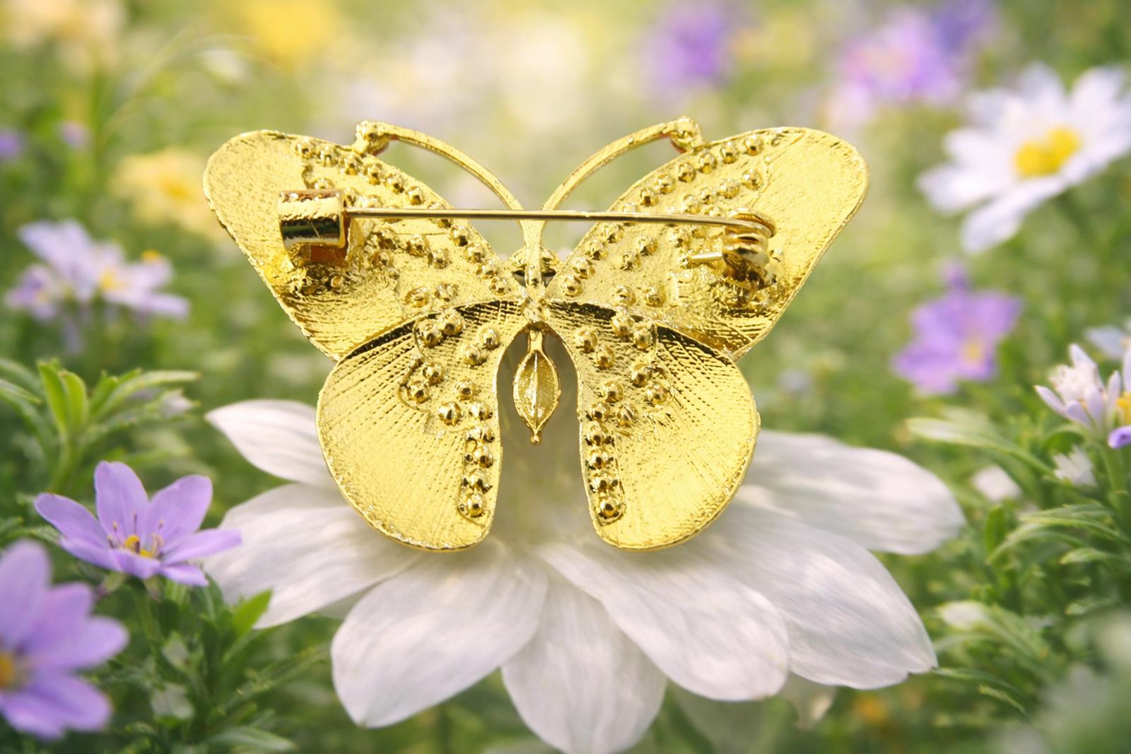 Colorful Butterfly Brooch Clear Pink Rhinestones Enamel Gold Tone Pin FREE SHIP