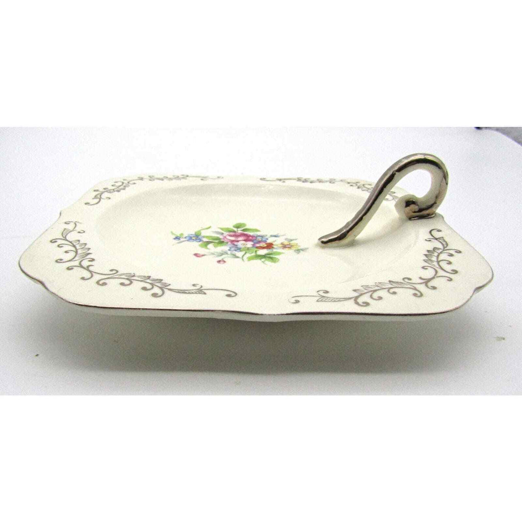Hotta Yu Shoten Co Candy Dish W/ Handle Floral Hand painted Silver Accents 1920s