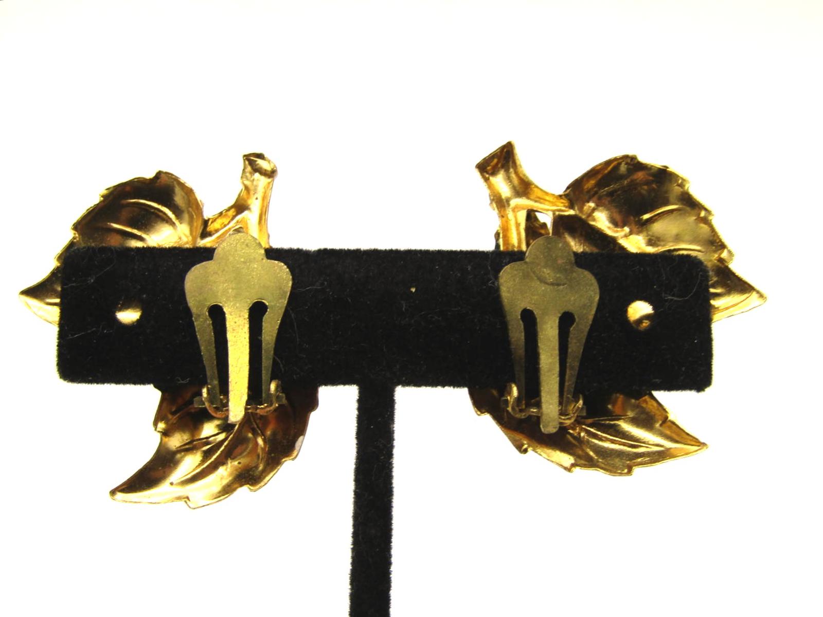 Vintage Austrian Leaf Clip-On Earrings with Amber Austrian Crystals