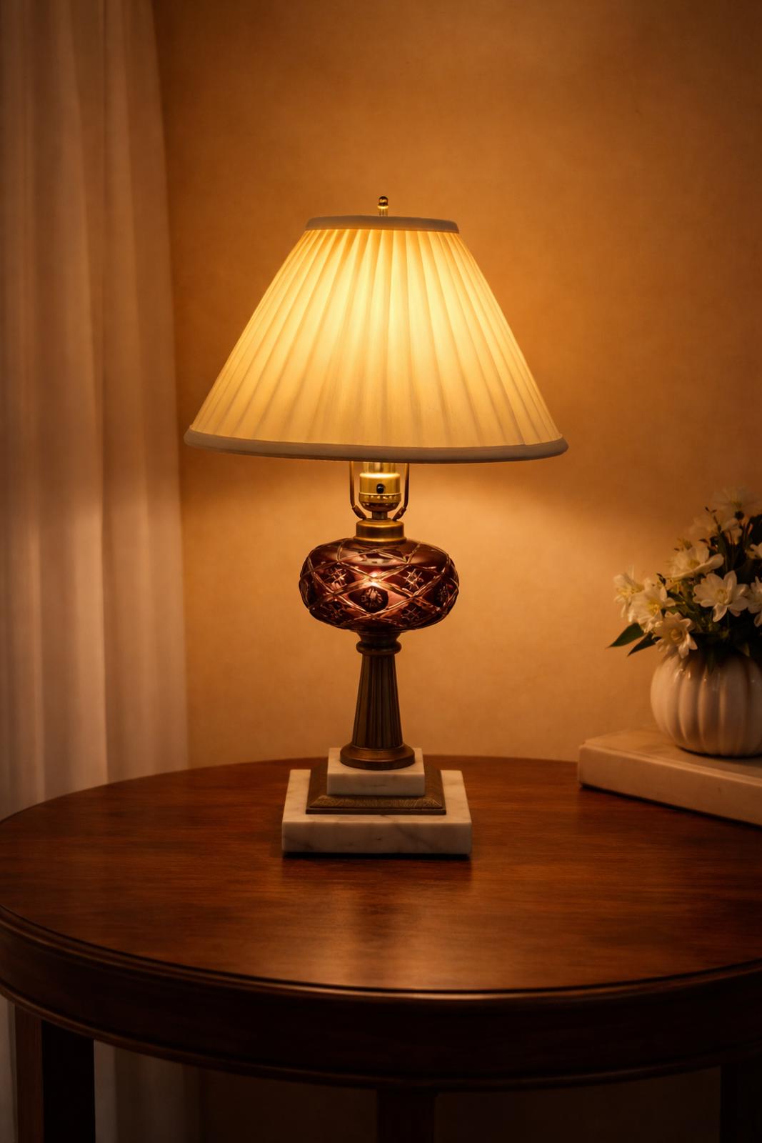 Ruby Overlay Cut-to-Clear Lamp Marble Base Vintage Fount-Style 23.5” Cream Shade