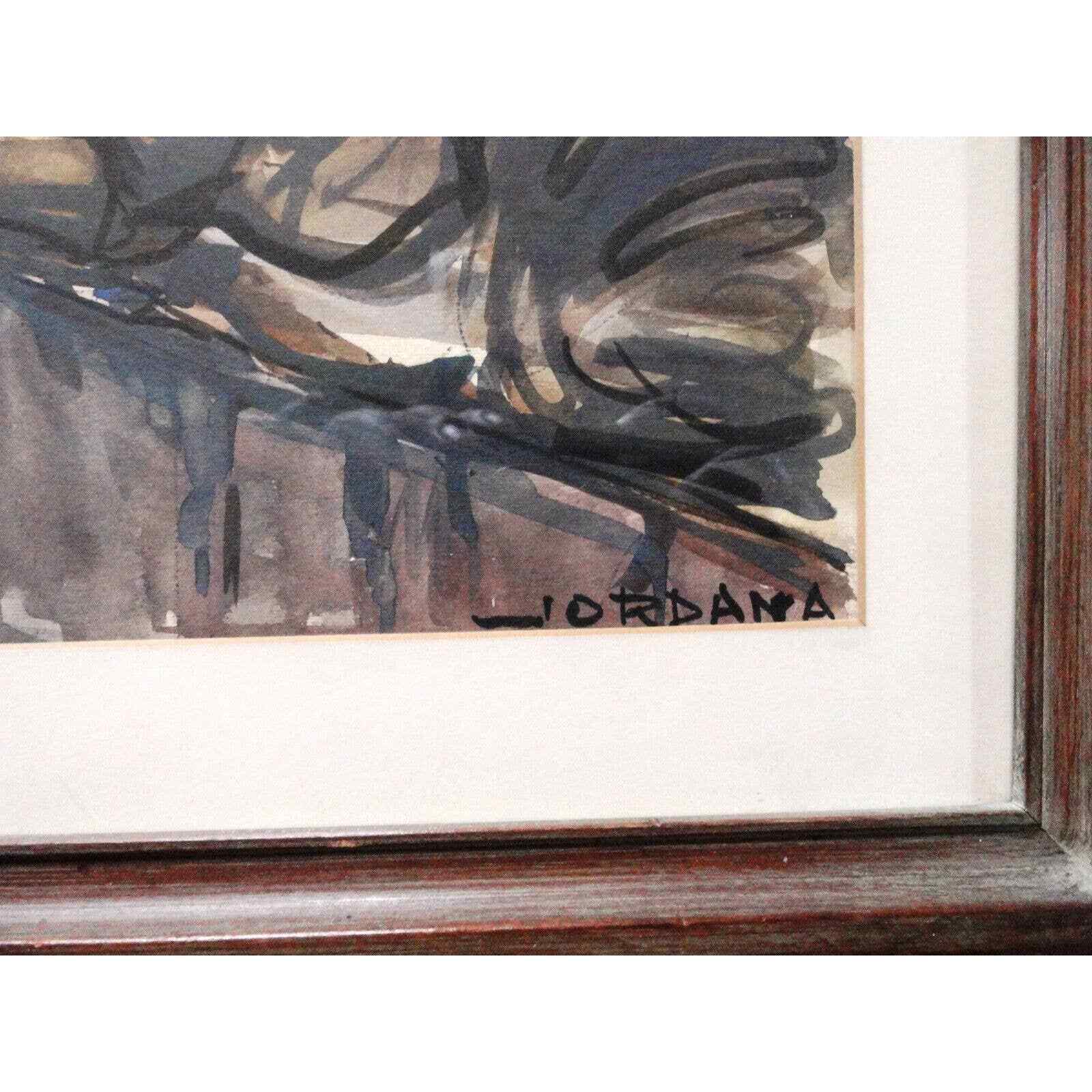 Jose Jordana Abstract Watercolor of Fishermen Signed Listed Artist