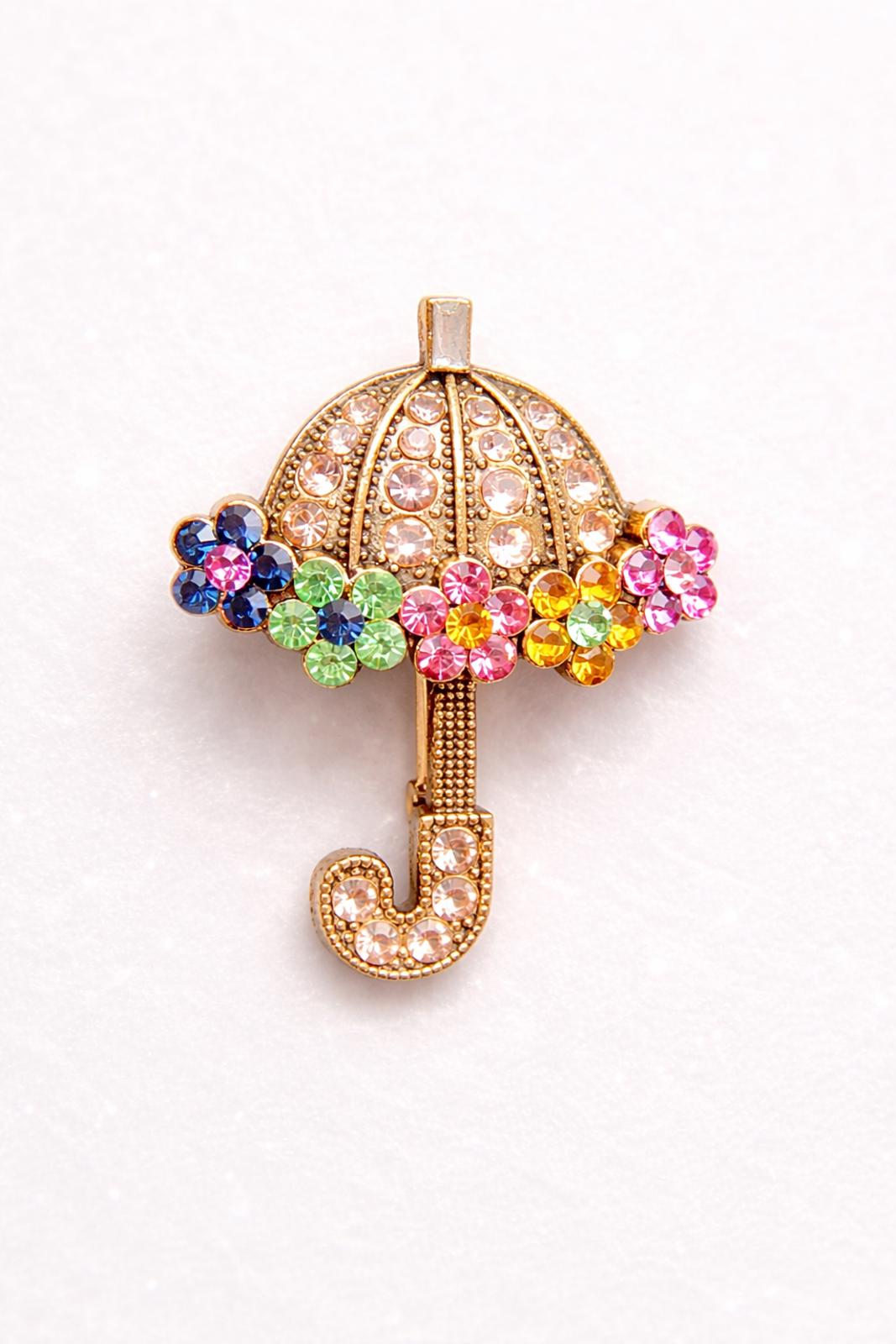 Vintage Umbrella Brooch Rhinestone Gold Tone Multicolor Flower Pin