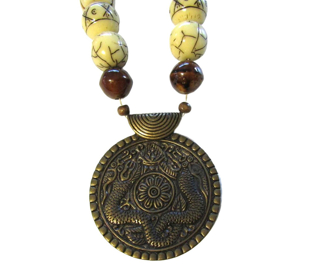 Unique Tribal Beaded Necklace w/ Intricate Pendant Carved Bone Tiger eye Beads