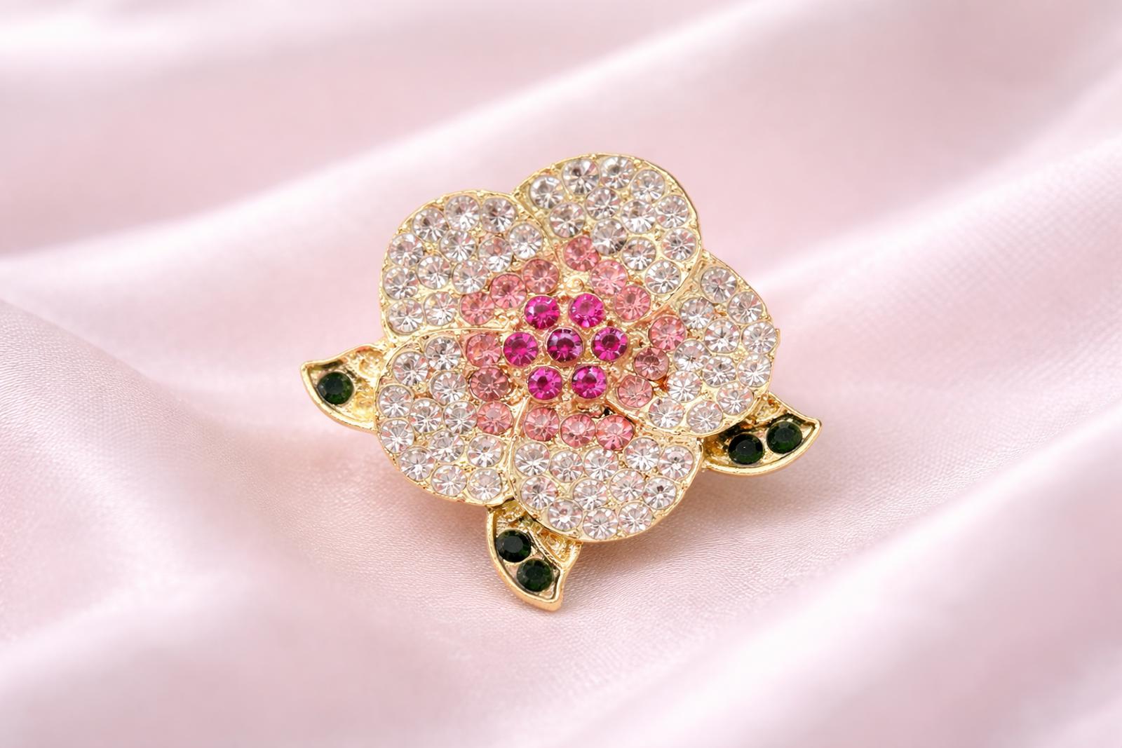 Pink Rhinestone Flower Brooch Crystal Floral Pin Gold Tone Sparkly FREE SHIPPING