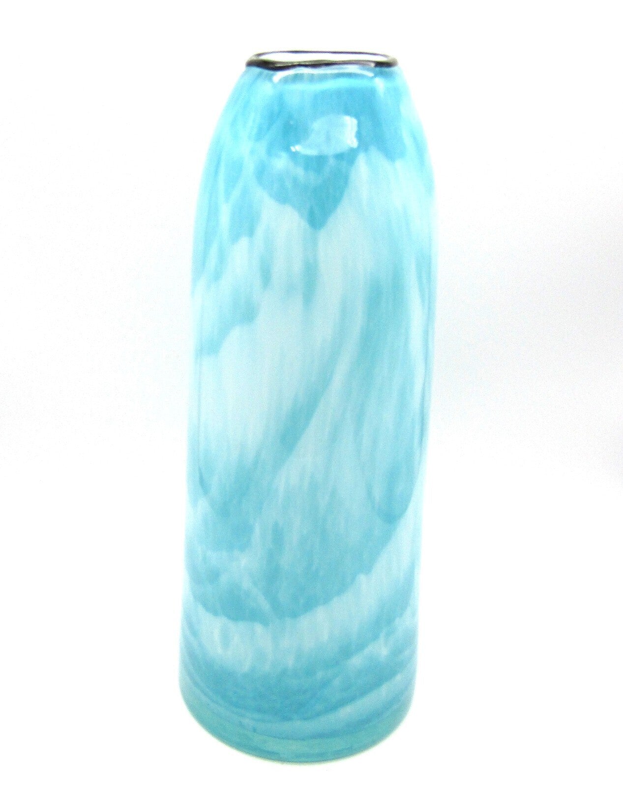 Pretty Pale Blue and White Vase Tall with Black Rim Art Glass Vase 12" Tall
