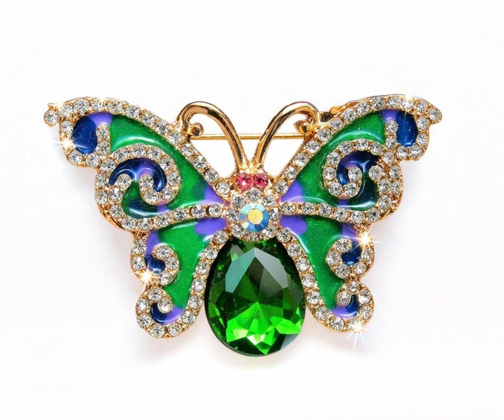 Vintage Butterfly Brooch Rhinestone Enamel Green Gold Tone Pin