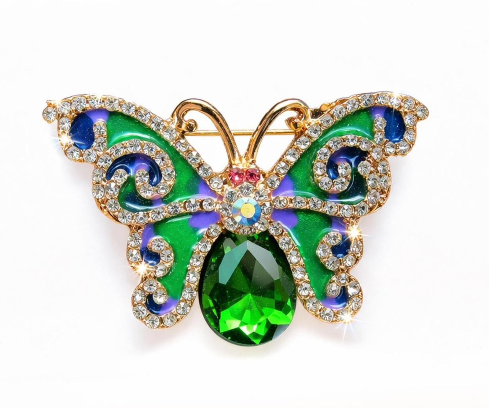 Vintage Butterfly Brooch Rhinestone Enamel Green Gold Tone Pin
