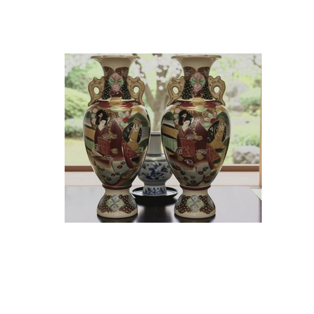 Antique Japanese Satsuma Moriage Vases - Matched Pair 13.5" Meiji Taisho 1910's