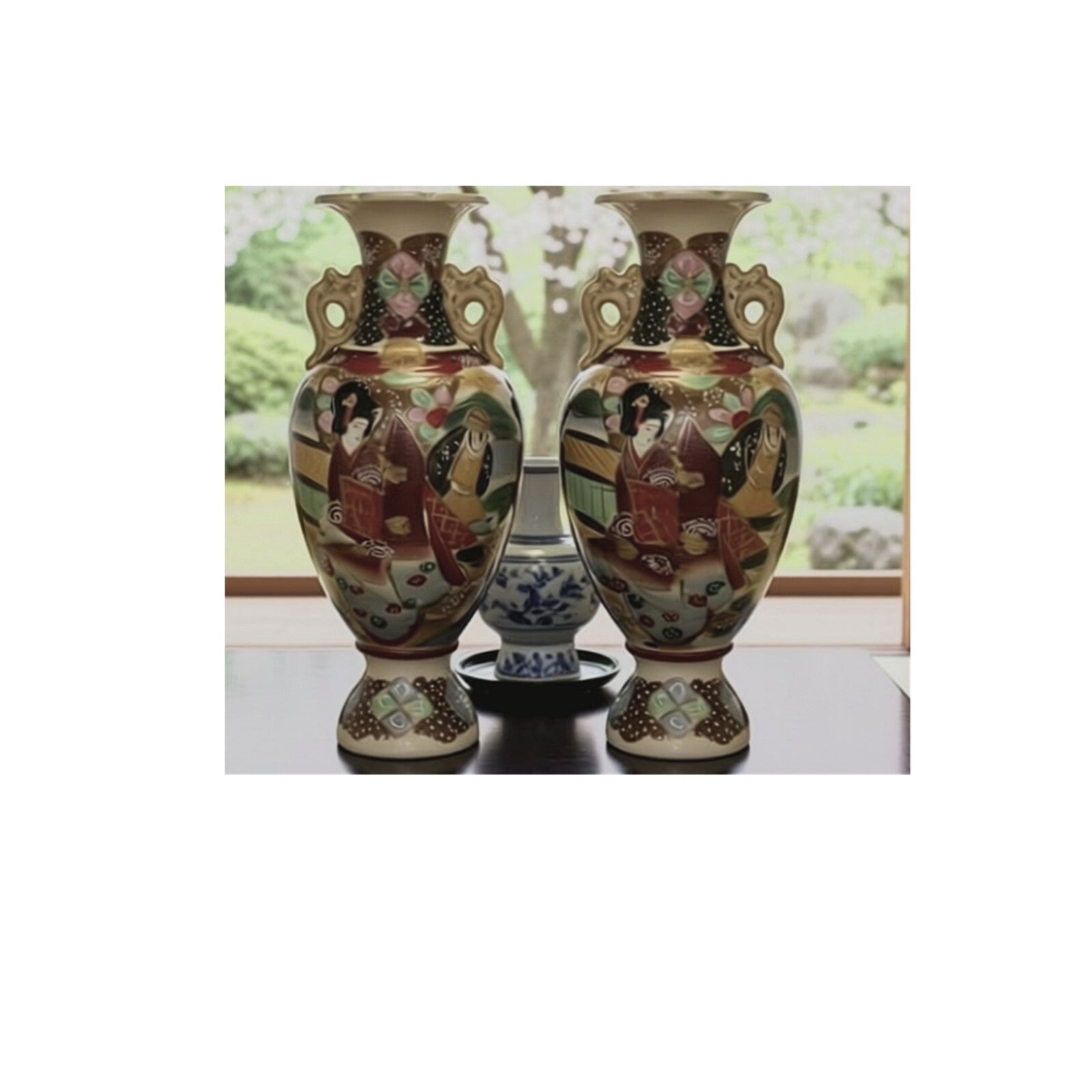 Antique Japanese Satsuma Moriage Vases - Matched Pair 13.5" Meiji Taisho 1910's