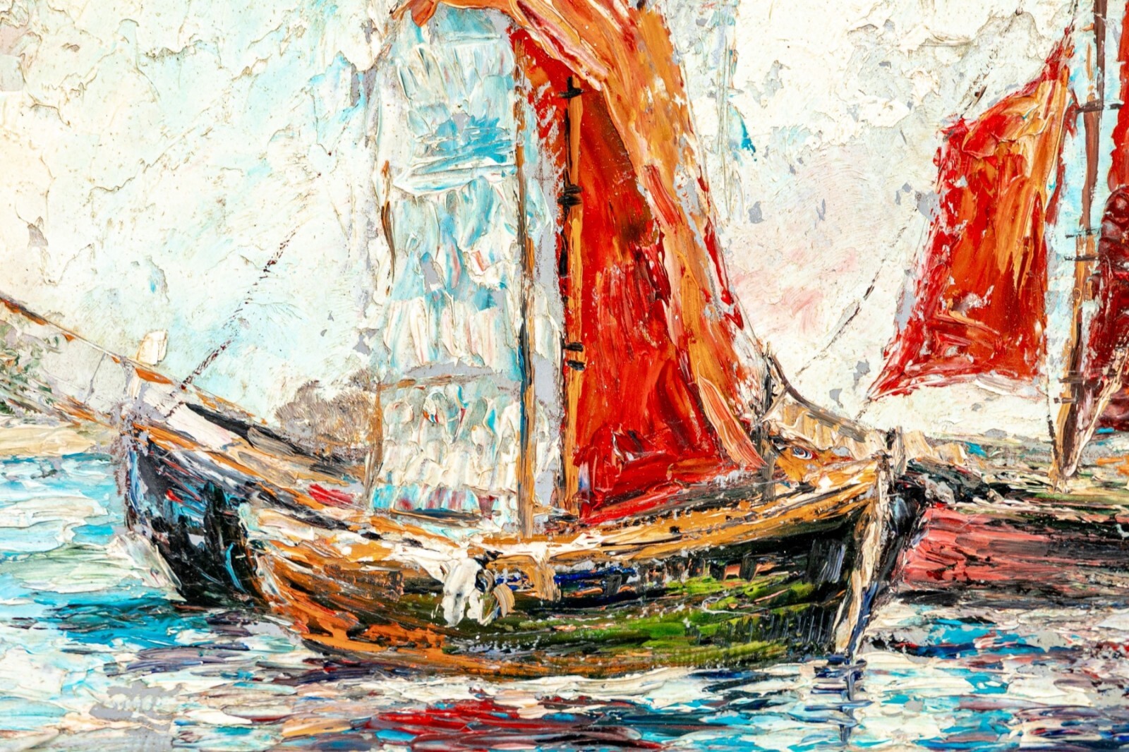 Vintage Mid-Century Modern Nautical Sailboat Impasto Painting