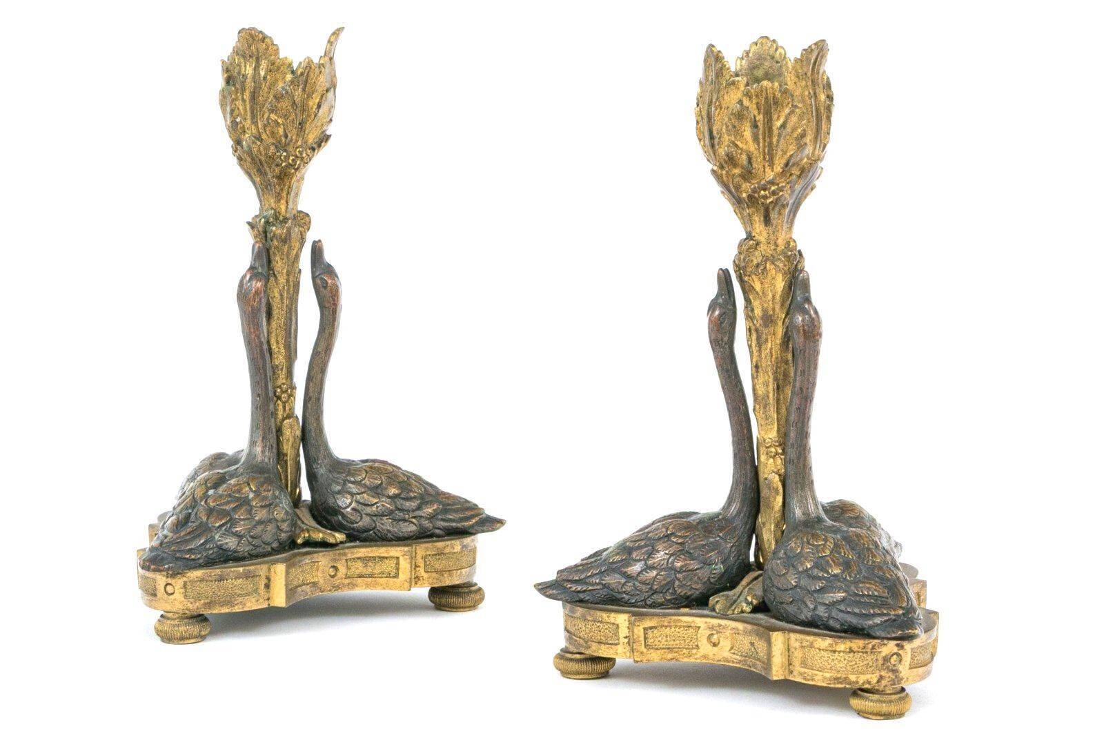 William IV Gilt Ormolu & Bronze Swan Candlesticks After William Bateman II