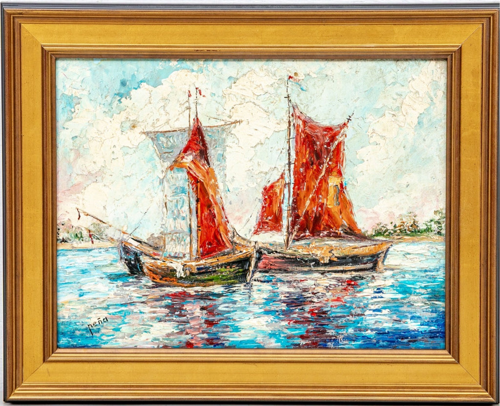 Vintage Mid-Century Modern Nautical Sailboat Impasto Painting