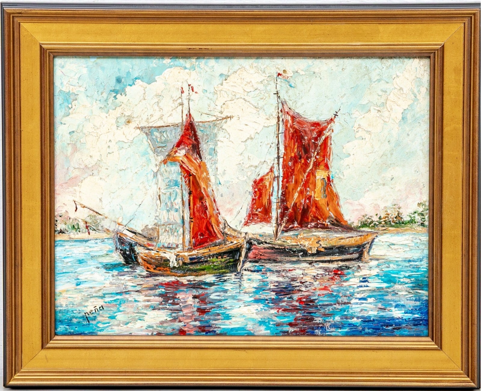 Vintage Mid-Century Modern Nautical Sailboat Impasto Painting