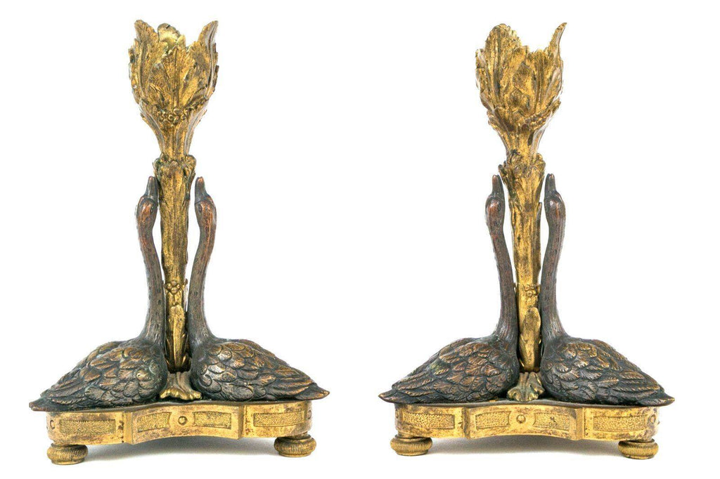William IV Gilt Ormolu & Bronze Swan Candlesticks After William Bateman II