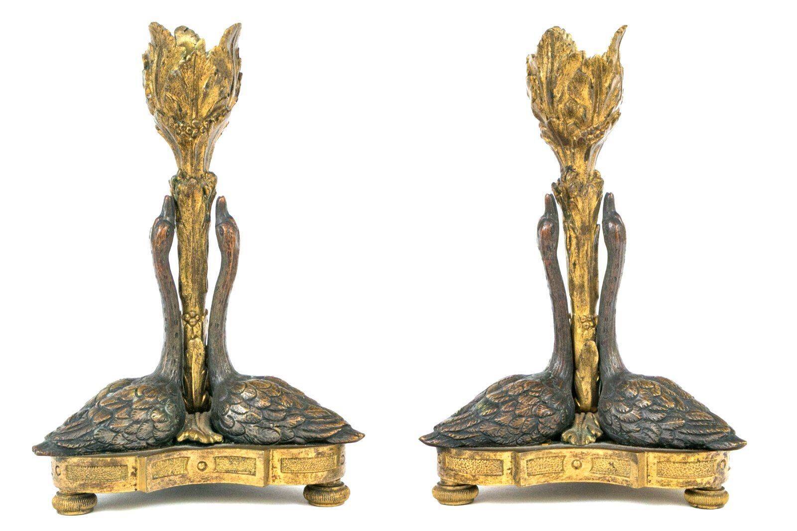 William IV Gilt Ormolu & Bronze Swan Candlesticks After William Bateman II