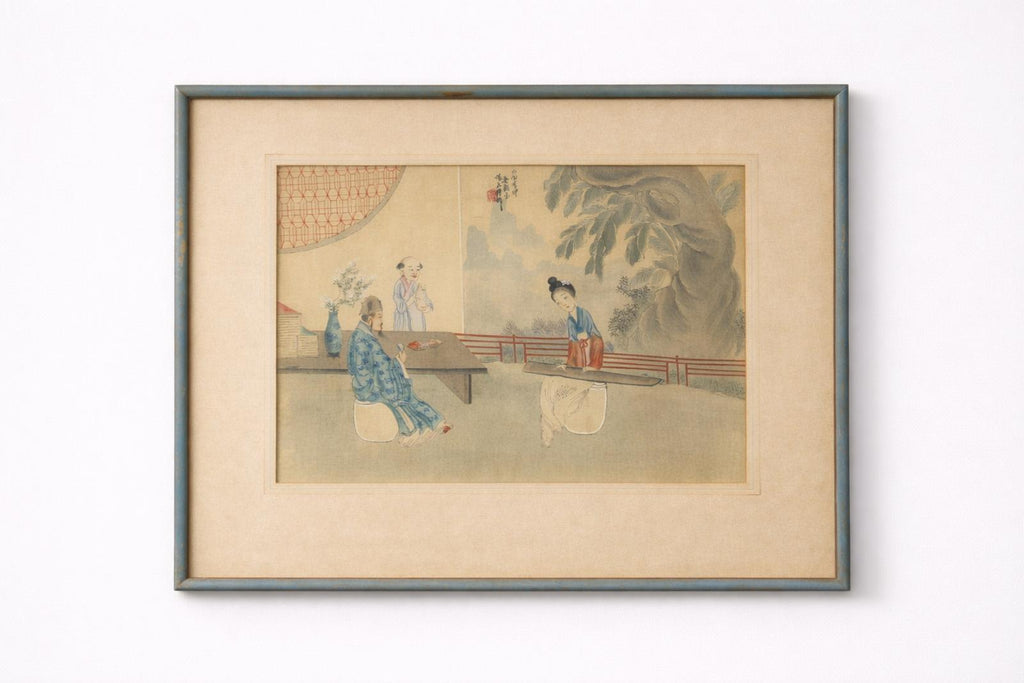 Antique Chinese Silk Painting Scholar Scene Framed w Calligraphy Seal