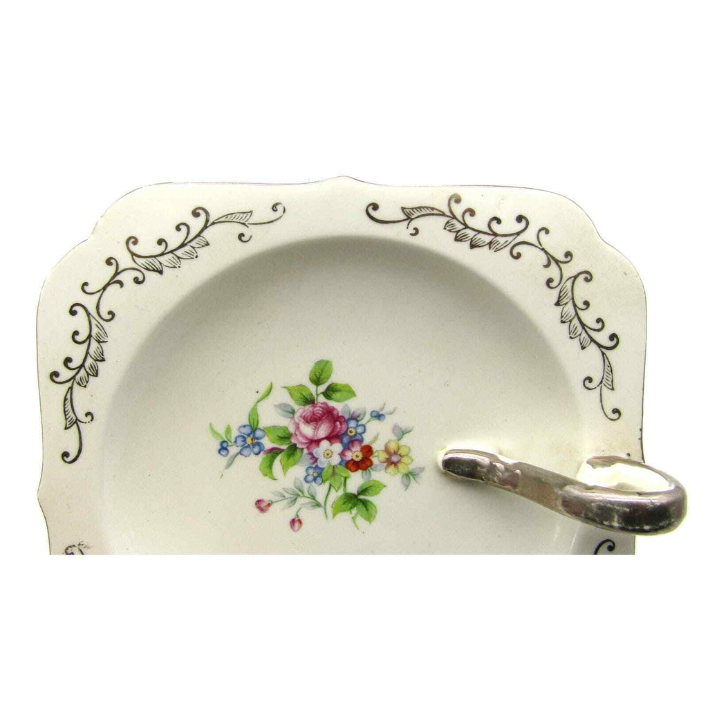 Hotta Yu Shoten Co Candy Dish W/ Handle Floral Hand painted Silver Accents 1920s