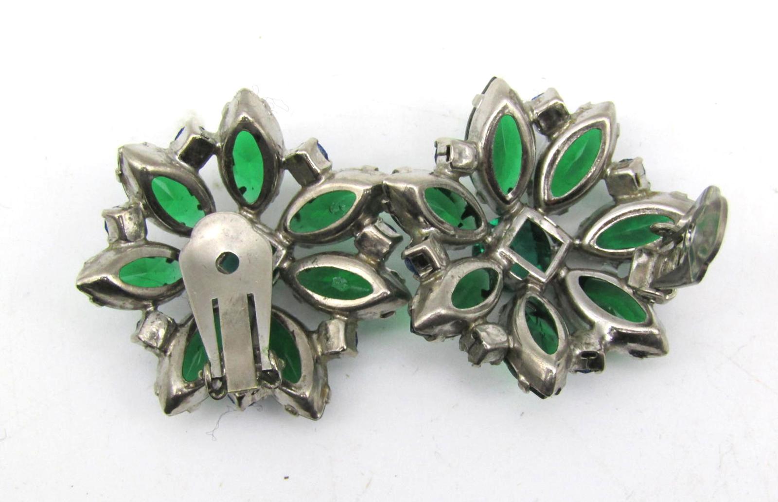 Vintage Green and Blue Rhinestone Clip-On Earrings