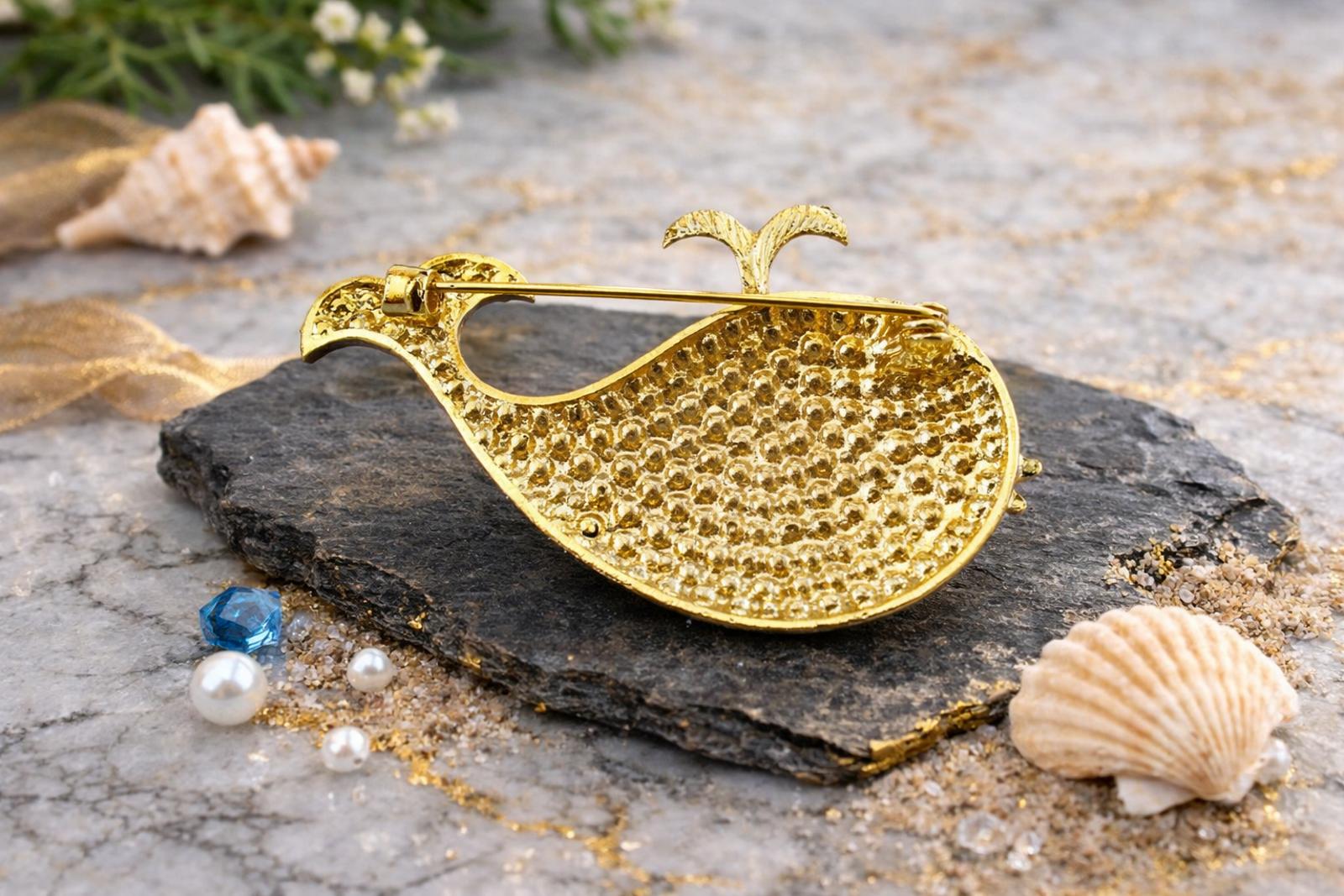 Whale Brooch Dark Blue Light Blue Clear Rhinestones Gold Tone FREE SHIPPING