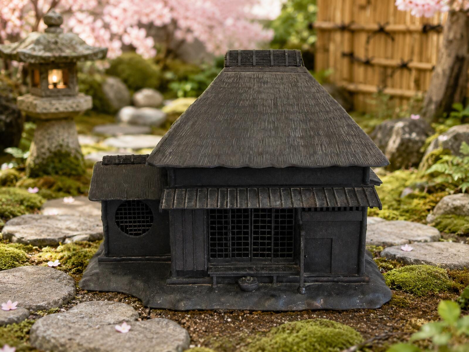 Antique Japanese Cast Iron House Lantern Oil Lamp 4-Door Signed Kyojiro