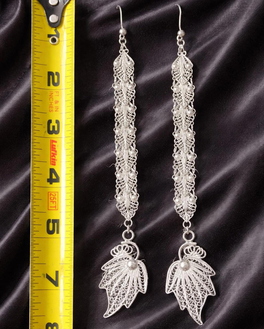 Stunning 8" Sterling Silver Filigree Leaf Dangle Earrings 9.25