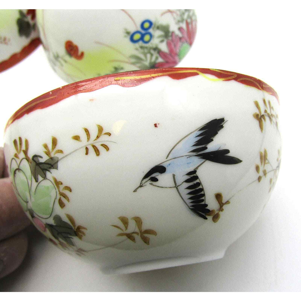 Set of 3 Japanese Cups Eggshell Porcelain Hand Painted Floral and Bird Antique