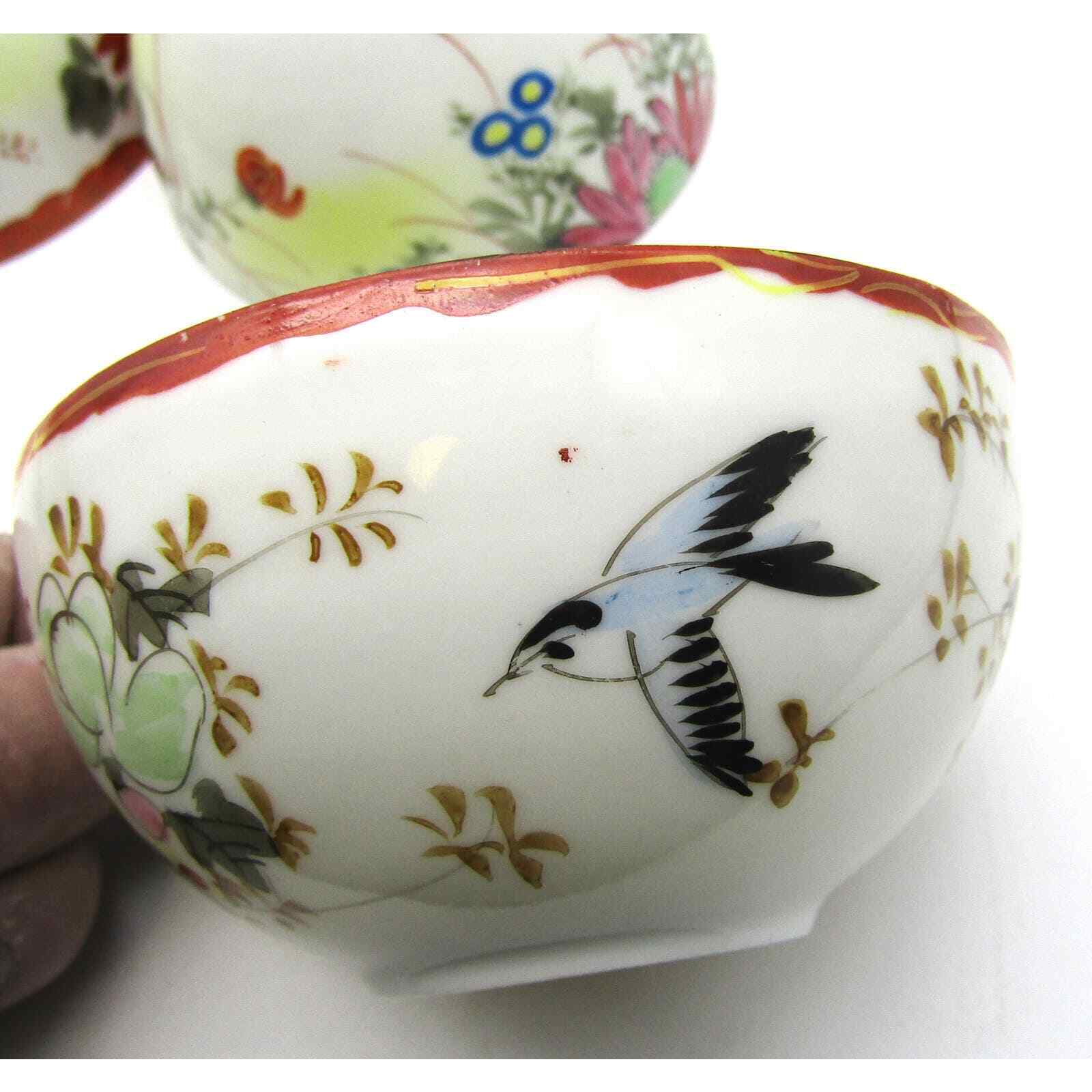 Set of 3 Japanese Cups Eggshell Porcelain Hand Painted Floral and Bird Antique