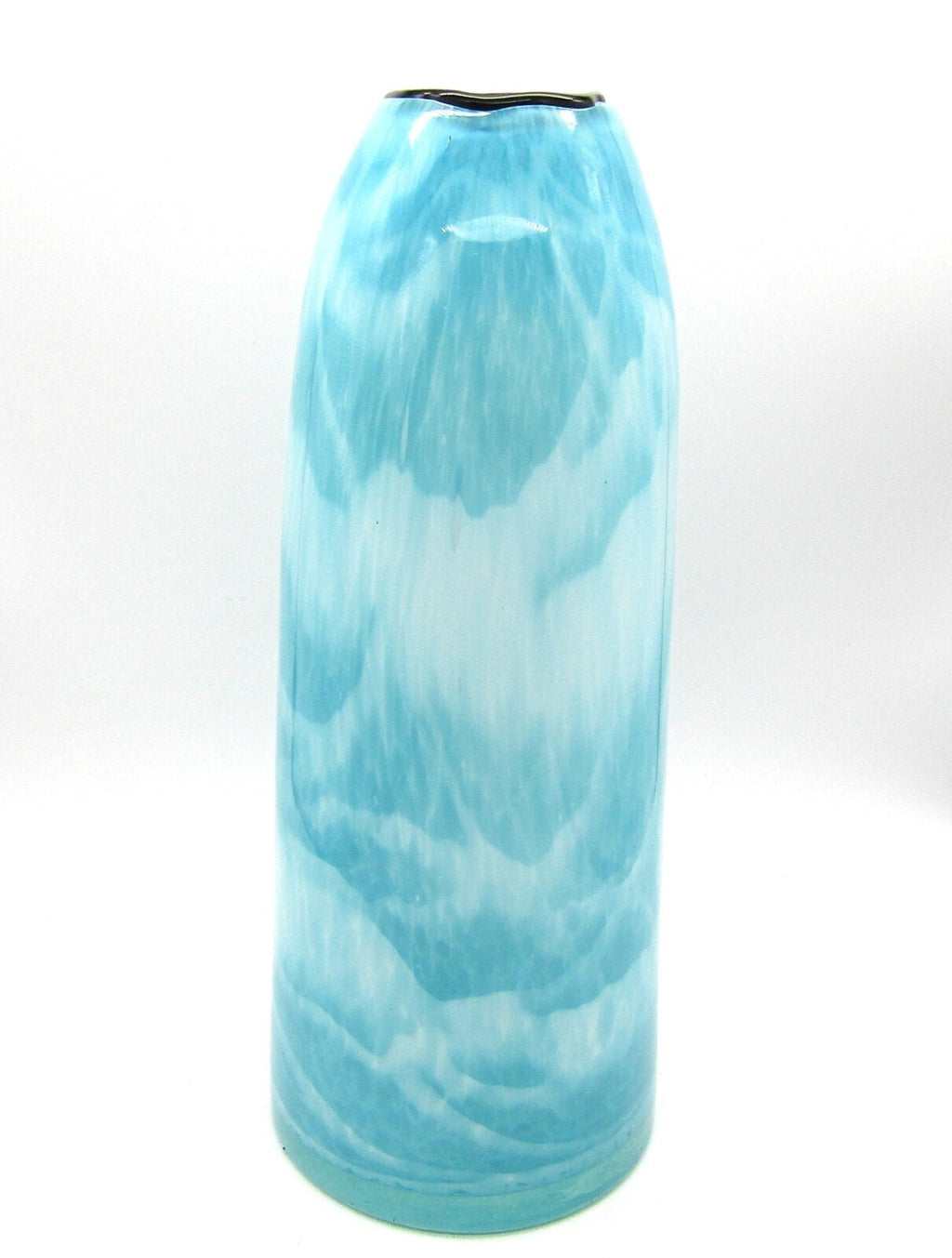 Pretty Pale Blue and White Vase Tall with Black Rim Art Glass Vase 12" Tall