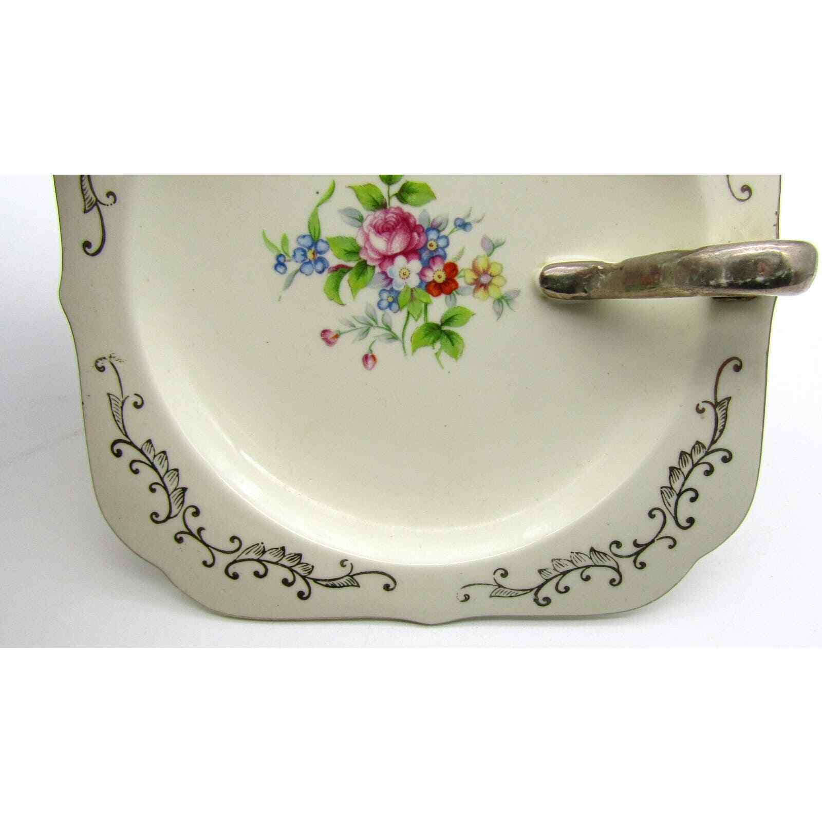 Hotta Yu Shoten Co Candy Dish W/ Handle Floral Hand painted Silver Accents 1920s