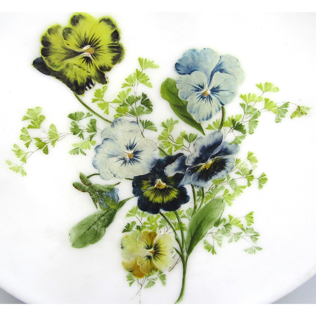 Antique Satin Glass Plate Floral Design Hand Painted Pontil Mark