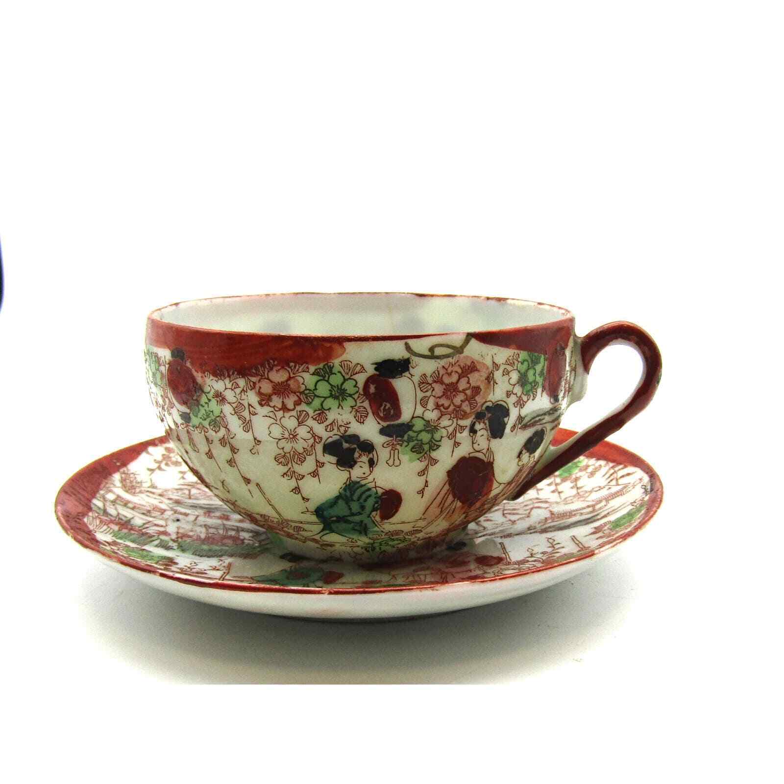 Japanese Cup and Saucer Eggshell Porcelain Gisha Hand Painted Marked