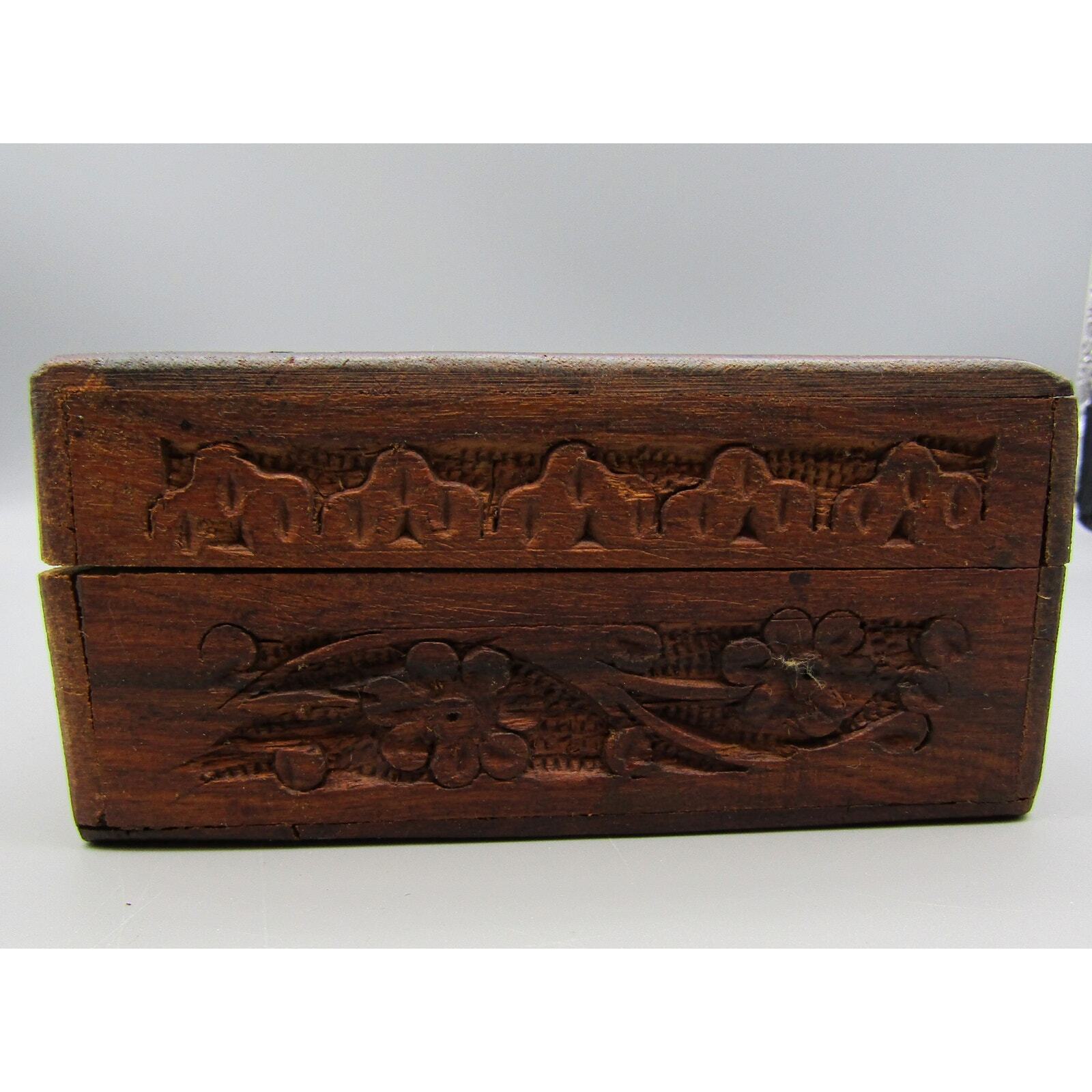 Carved Wood Box with Floral Decoration on Top and Sides Trinket Box