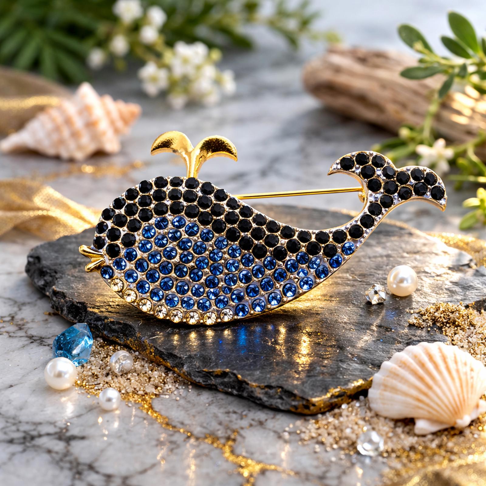 Whale Brooch Dark Blue Light Blue Clear Rhinestones Gold Tone FREE SHIPPING