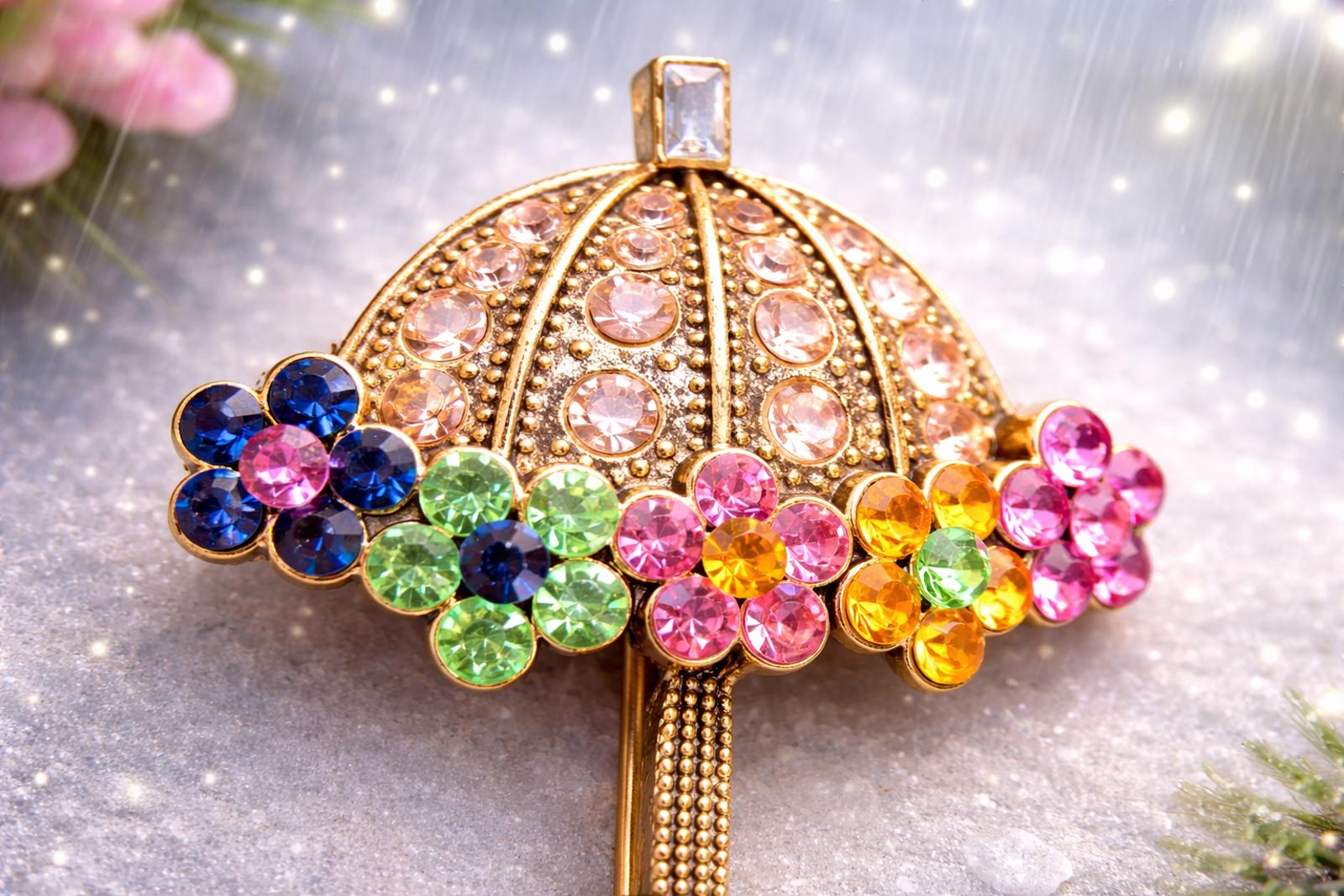 Vintage Umbrella Brooch Rhinestone Gold Tone Multicolor Flower Pin