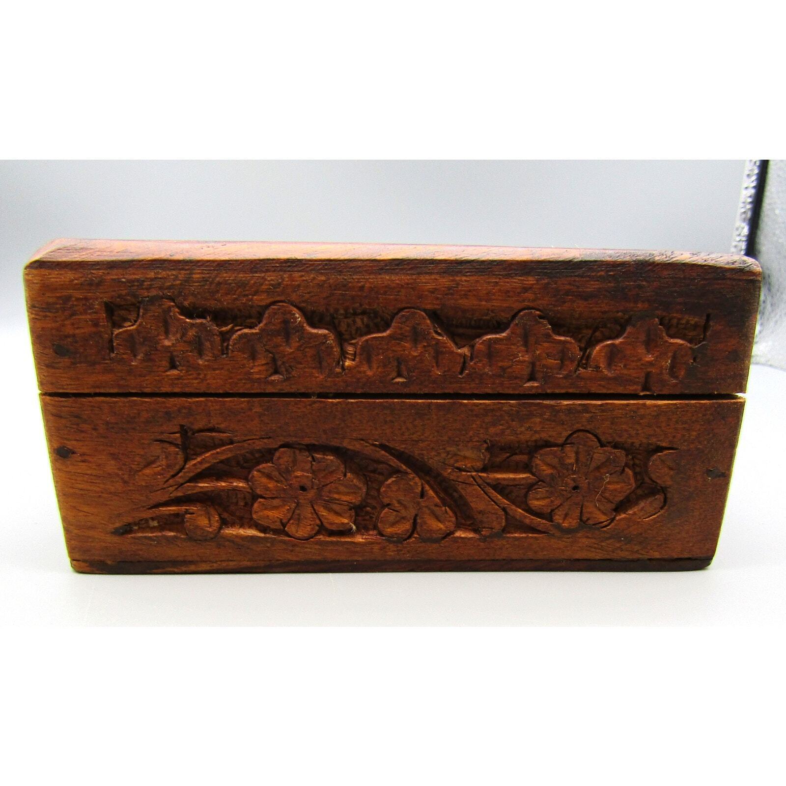 Carved Wood Box with Floral Decoration on Top and Sides Trinket Box