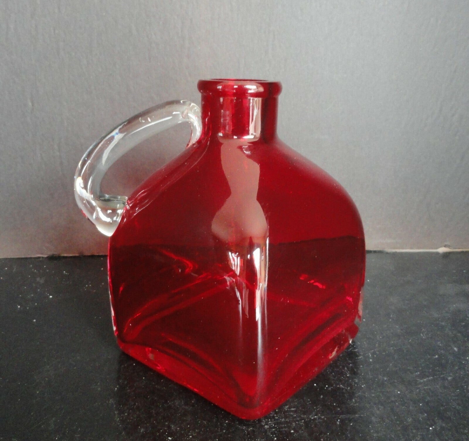 Bright Red Vase with Clear Applied Handle, Jug Vase, Bottle Vase
