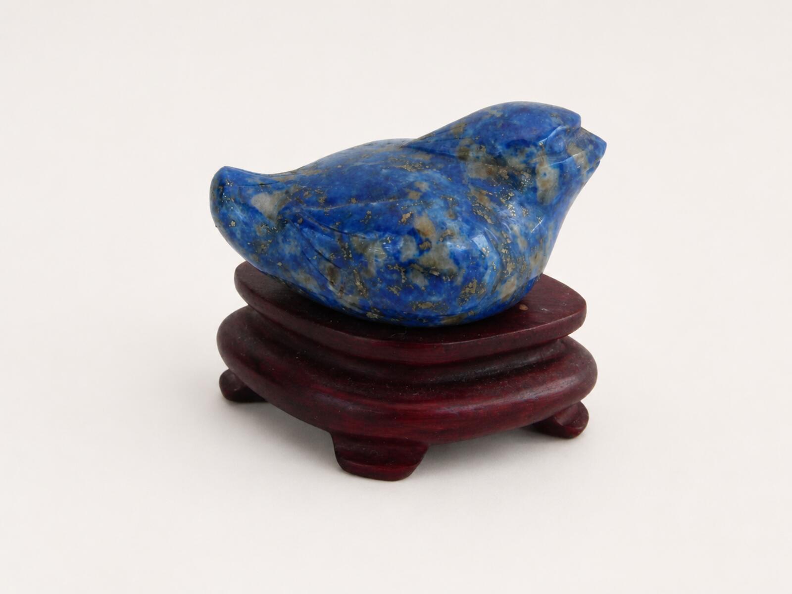 Lapis Lazuli Bird Carving on Wood Stand Blue Lapis Figurine 1.75" Vintage