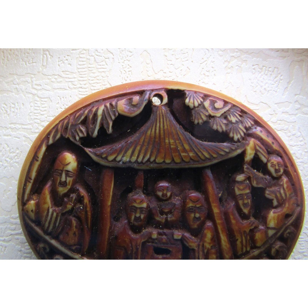 Chinese Pendant in Wood Framed 6 Men Drinking Tea Eating Wonderful Carving