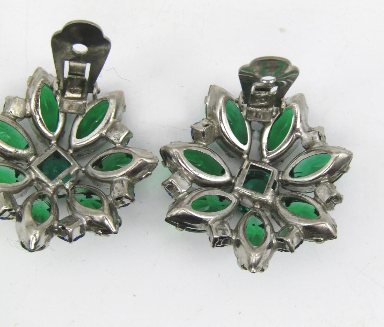 Vintage Green and Blue Rhinestone Clip-On Earrings