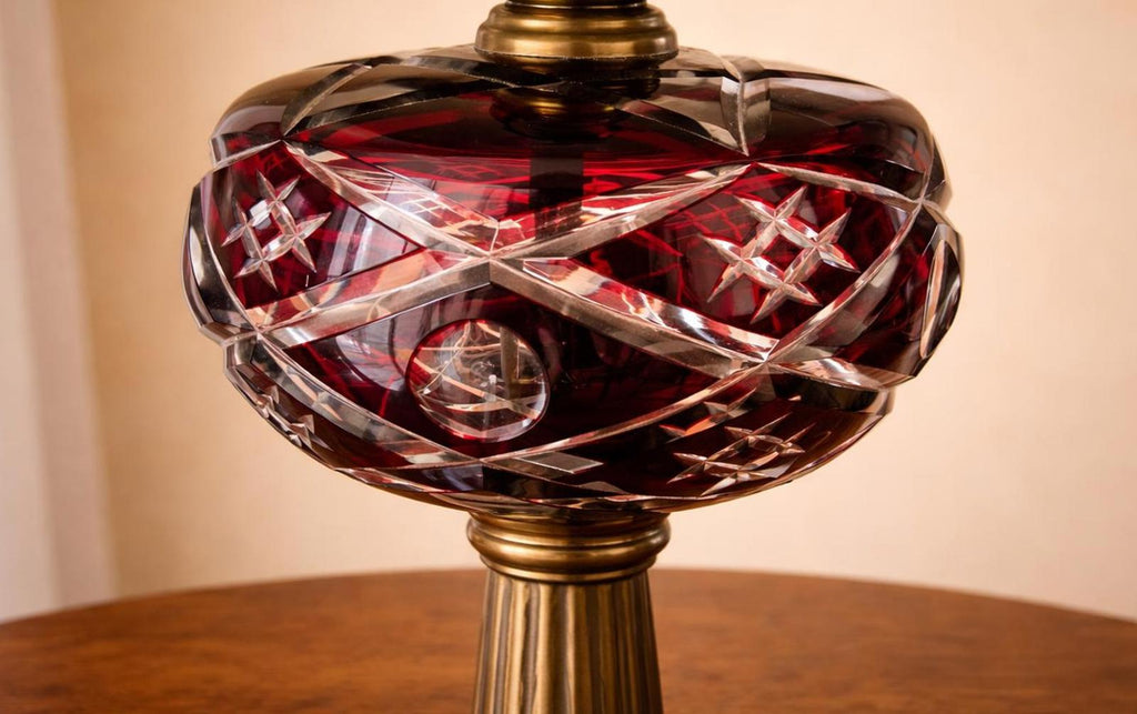 Ruby Overlay Cut-to-Clear Lamp Marble Base Vintage Fount-Style 23.5” Cream Shade