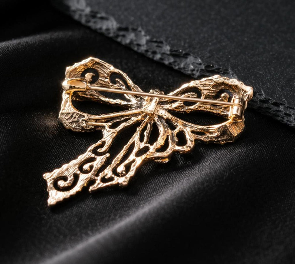 Vintage Pink Rhinestone Bow Brooch Gold Tone Filigree Statement FREE SHIPPING
