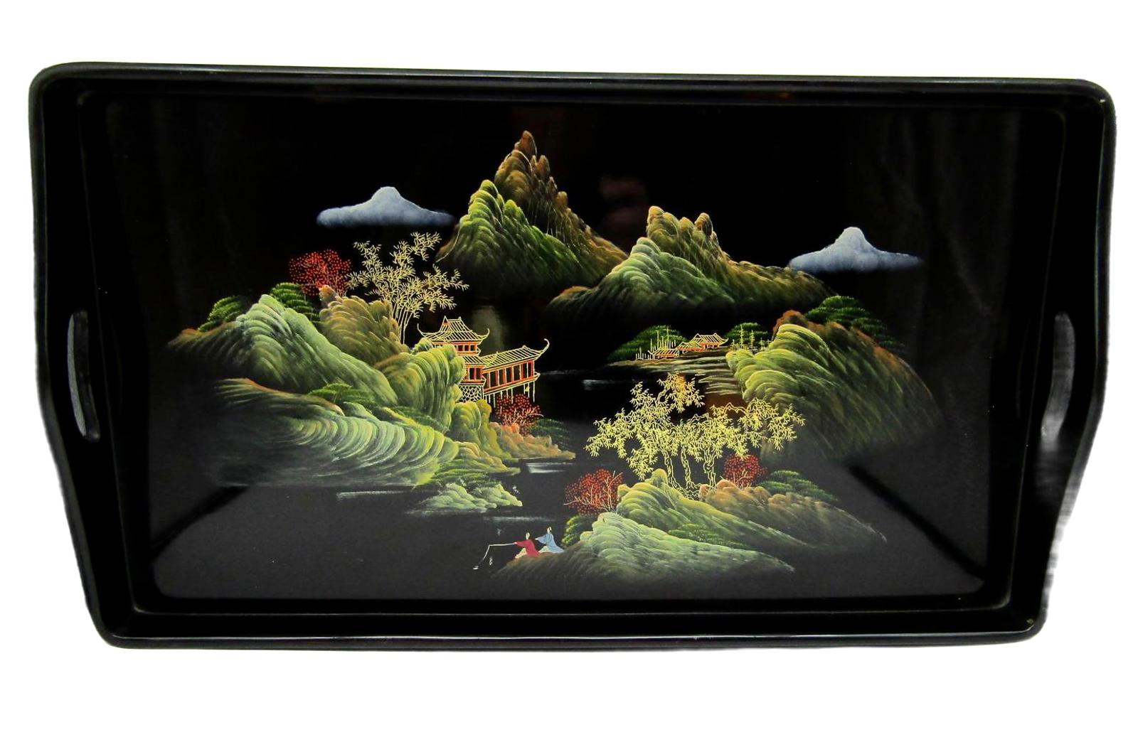 Vintage Chinoiserie Chinese Hand-Painted Tea Set with Tray and Spoons