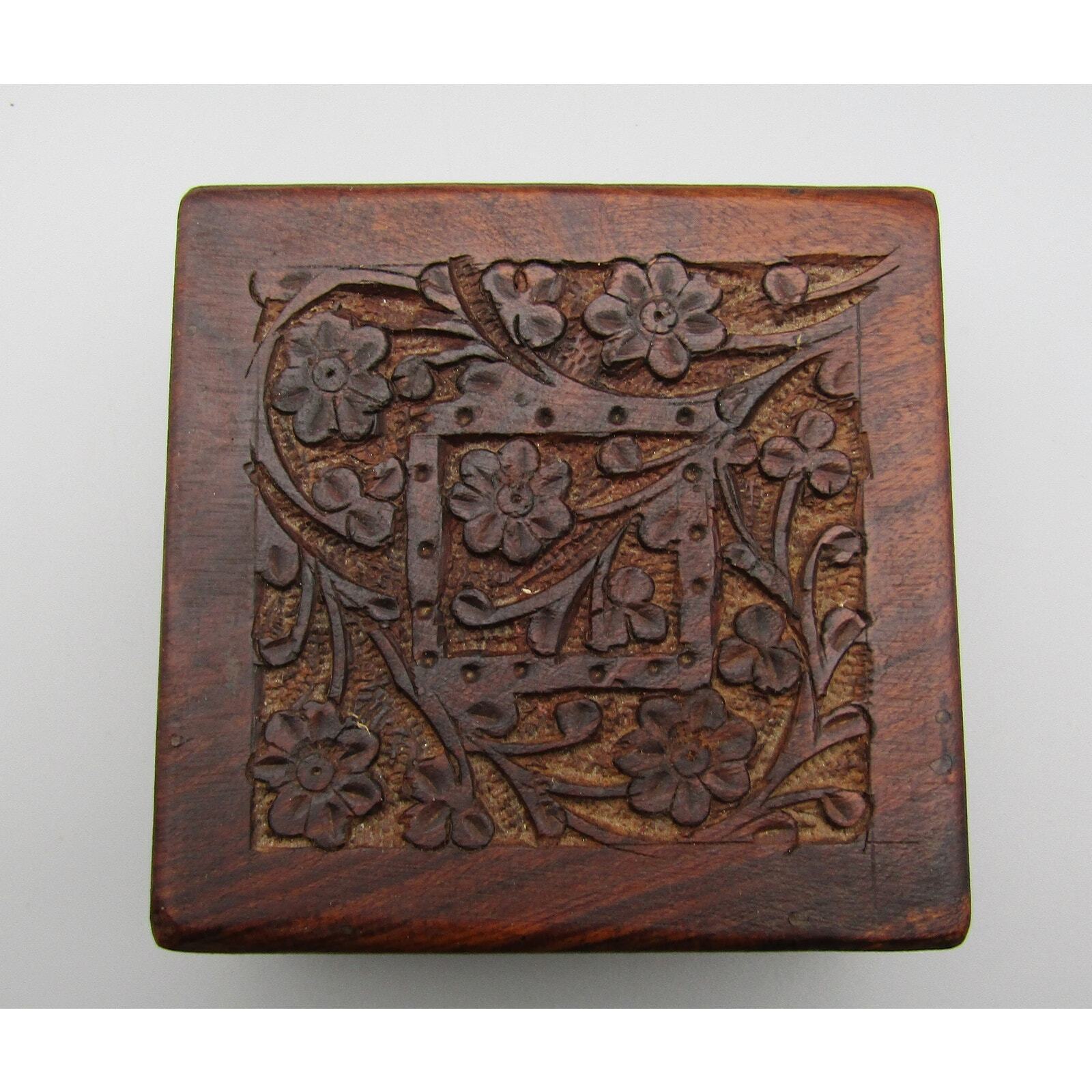 Carved Wood Box with Floral Decoration on Top and Sides Trinket Box