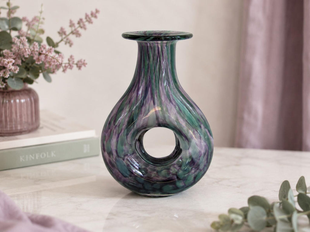 Mayflower American Pride Art Glass Vase Purple Green Hand Made 8"-Vintage
