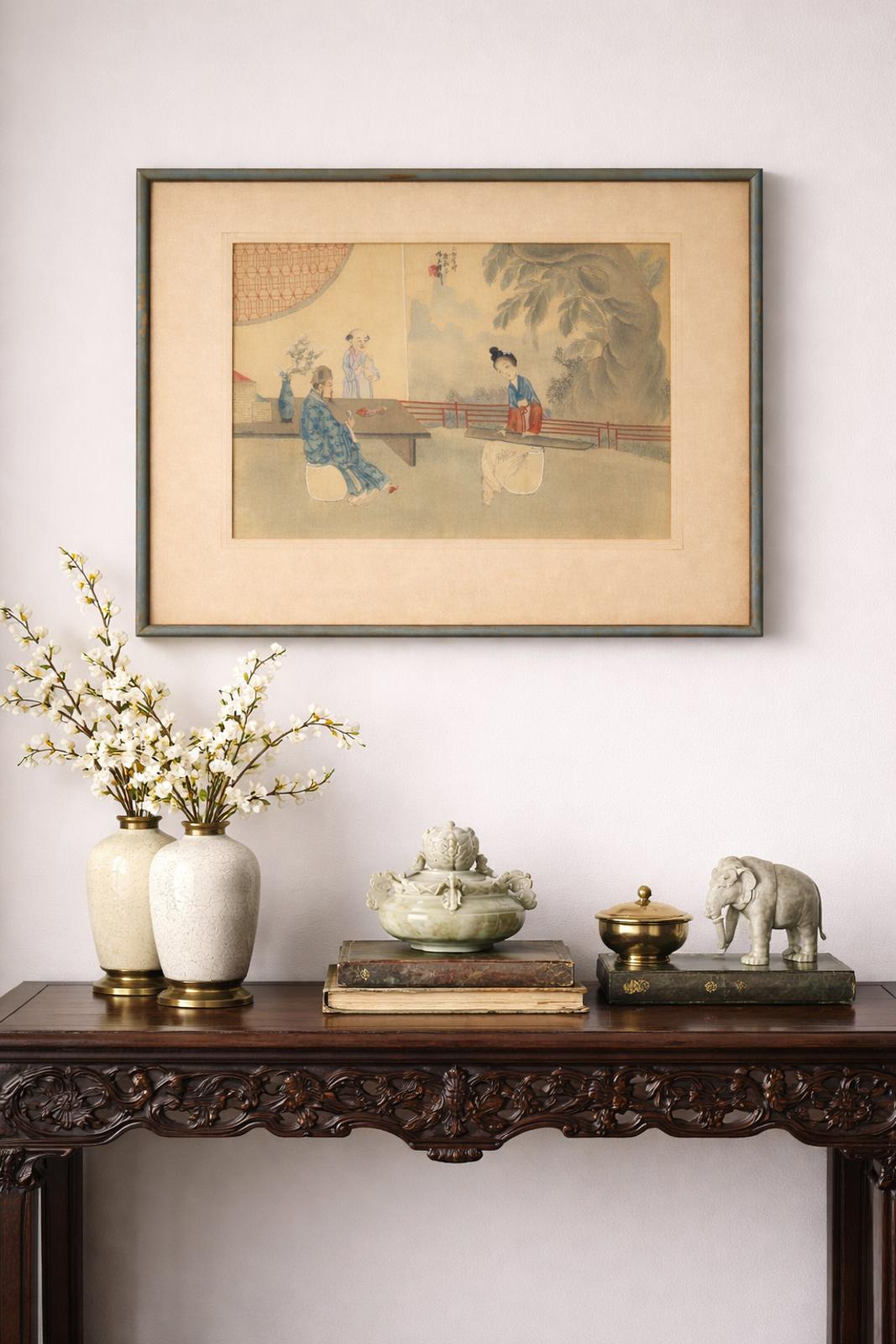 Antique Chinese Silk Painting Scholar Scene Framed w Calligraphy Seal